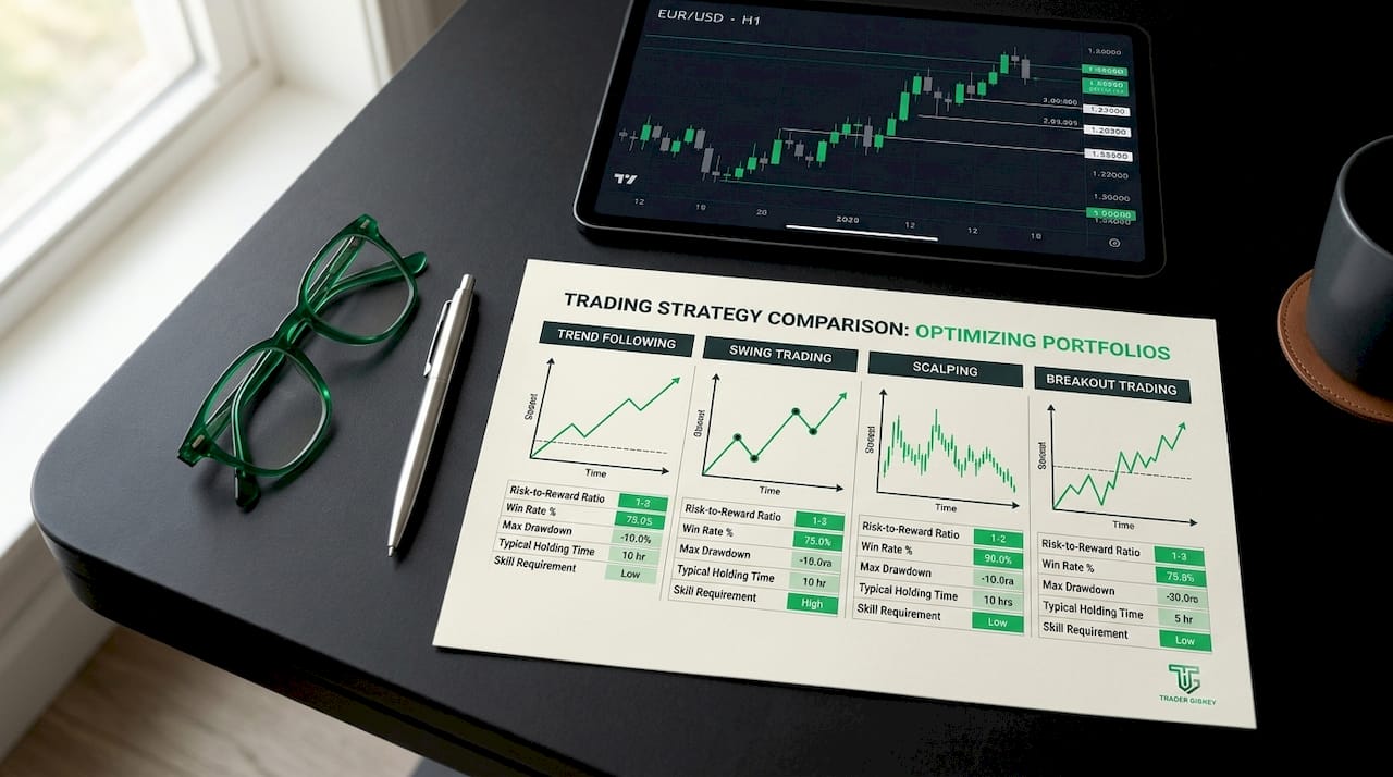 Printed trading strategies comparison chart on desk