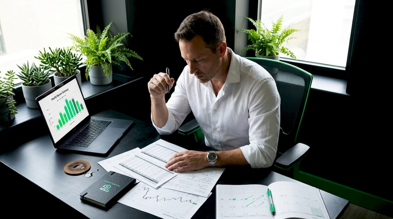 Trader conducting detailed weekly performance review