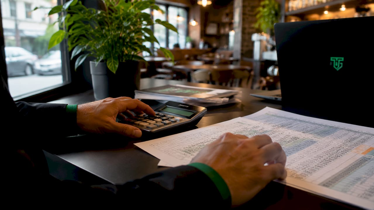 Hands calculating trading costs on financial reports