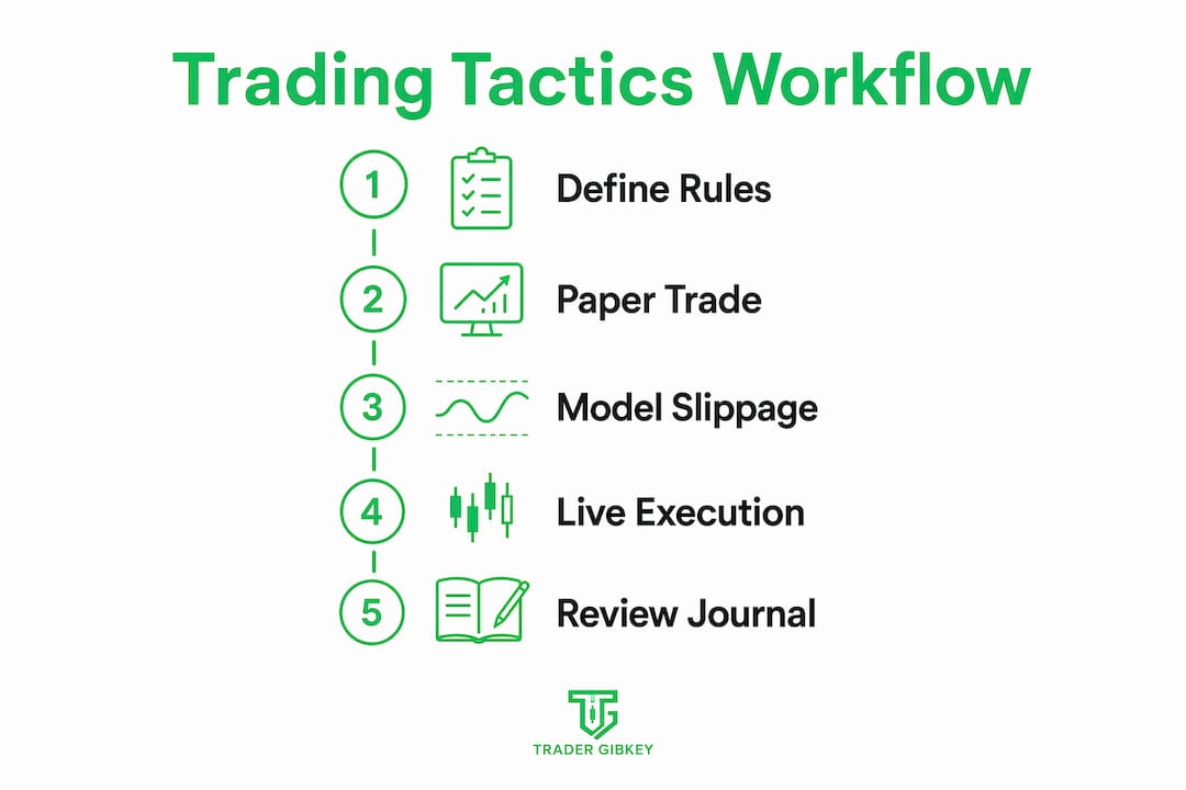 Infographic illustrating five-step trading tactics workflow