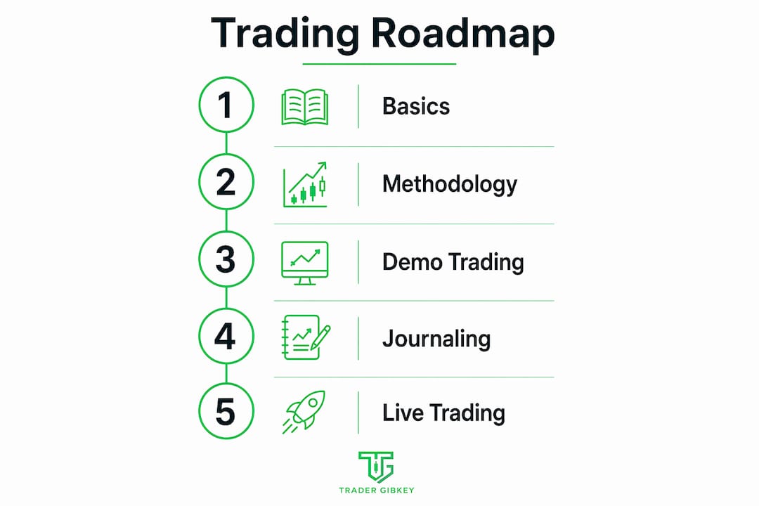 Infographic illustrating trading learning roadmap with steps