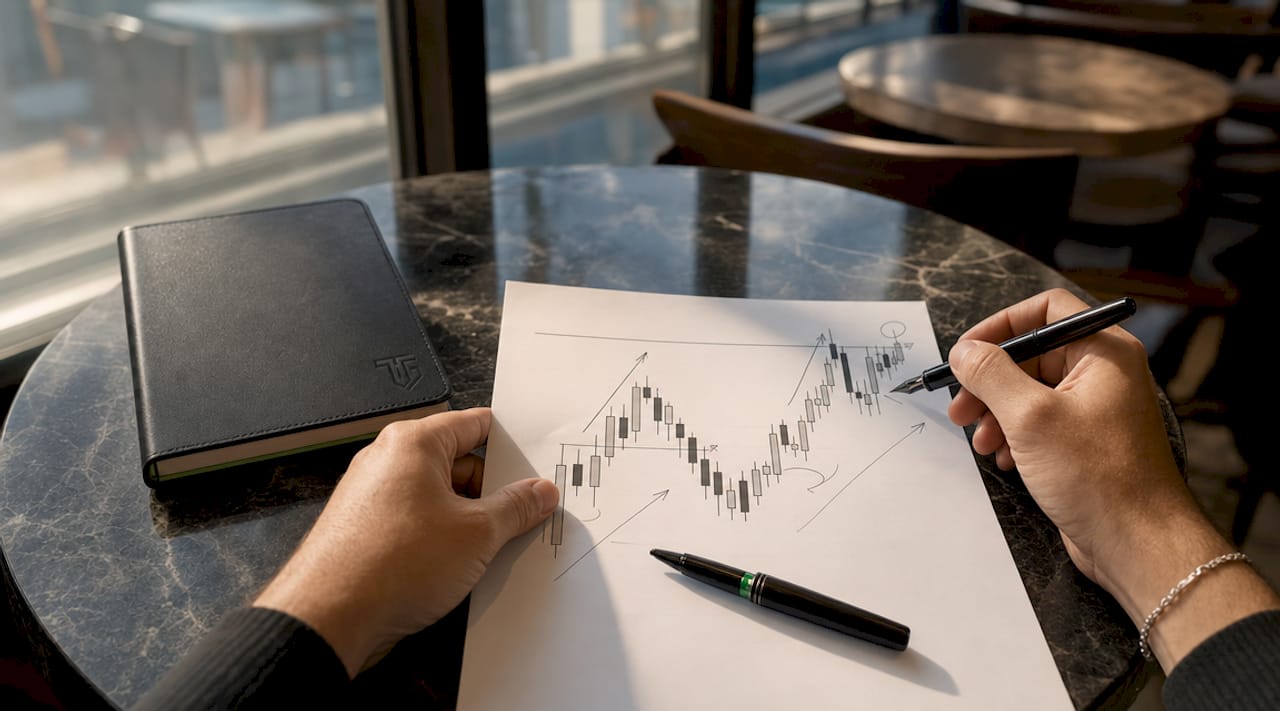 Hands examining candlestick chart printout