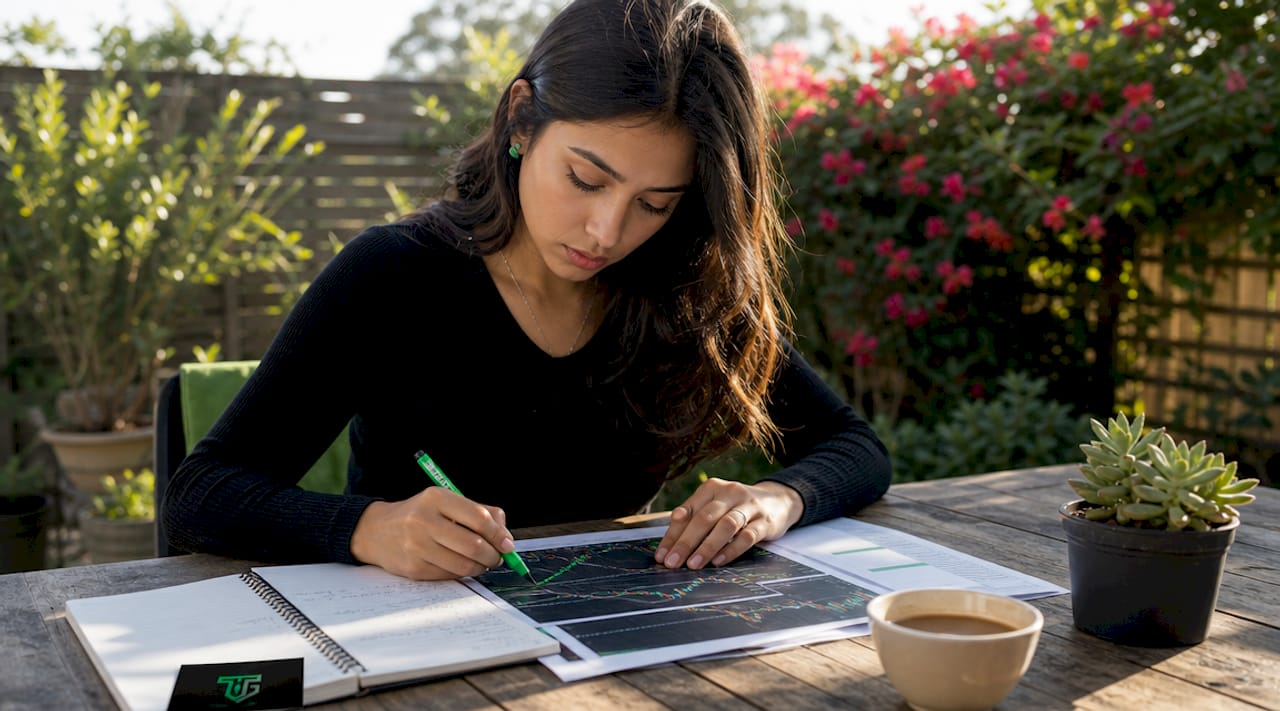 Woman studying forex trading at home desk