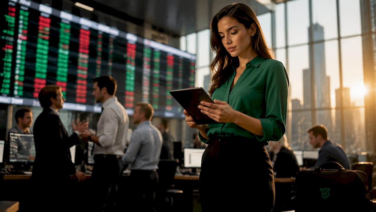Female trader monitoring trading floor auction process