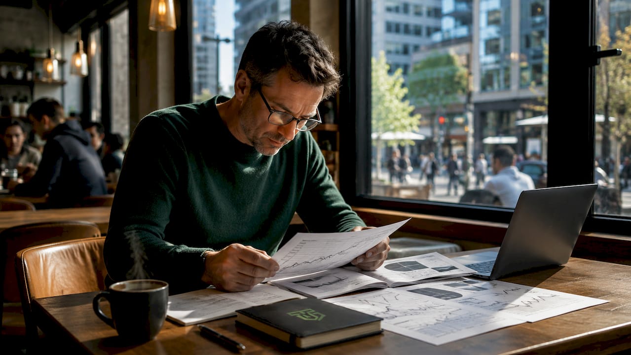 Trader reviewing printed market charts in home office
