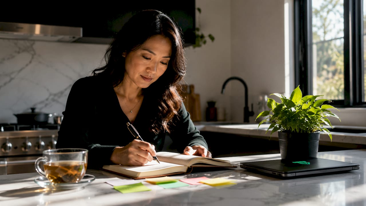 Trader making notes in journal at home desk