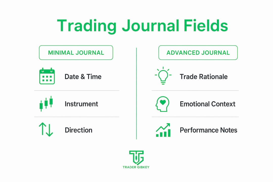 Infographic comparing minimal and advanced trading journal fields