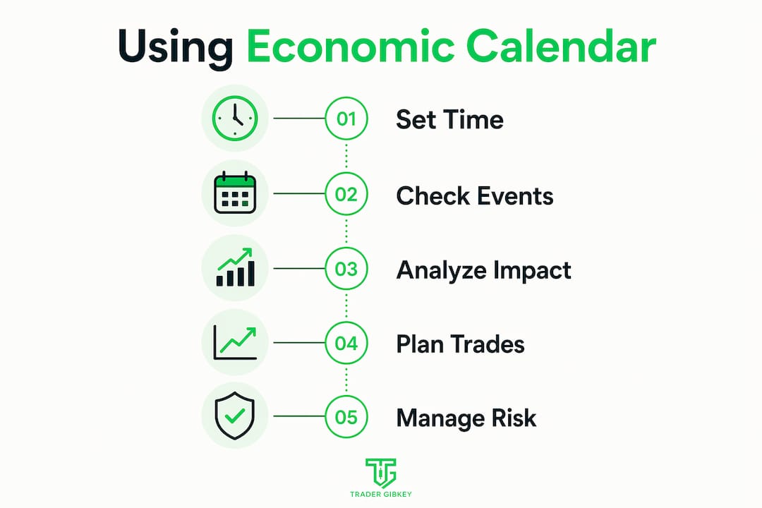 Infographic illustrating economic calendar trading steps