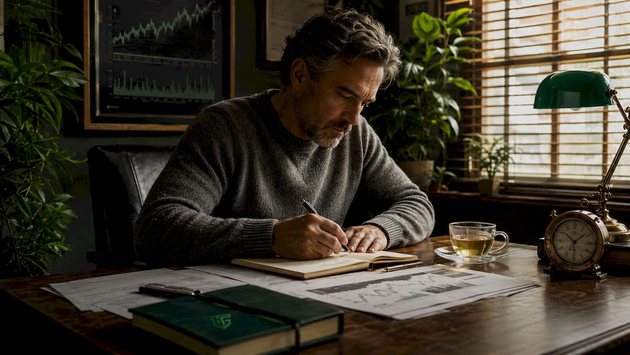 Trader analyzing trades at cluttered desk