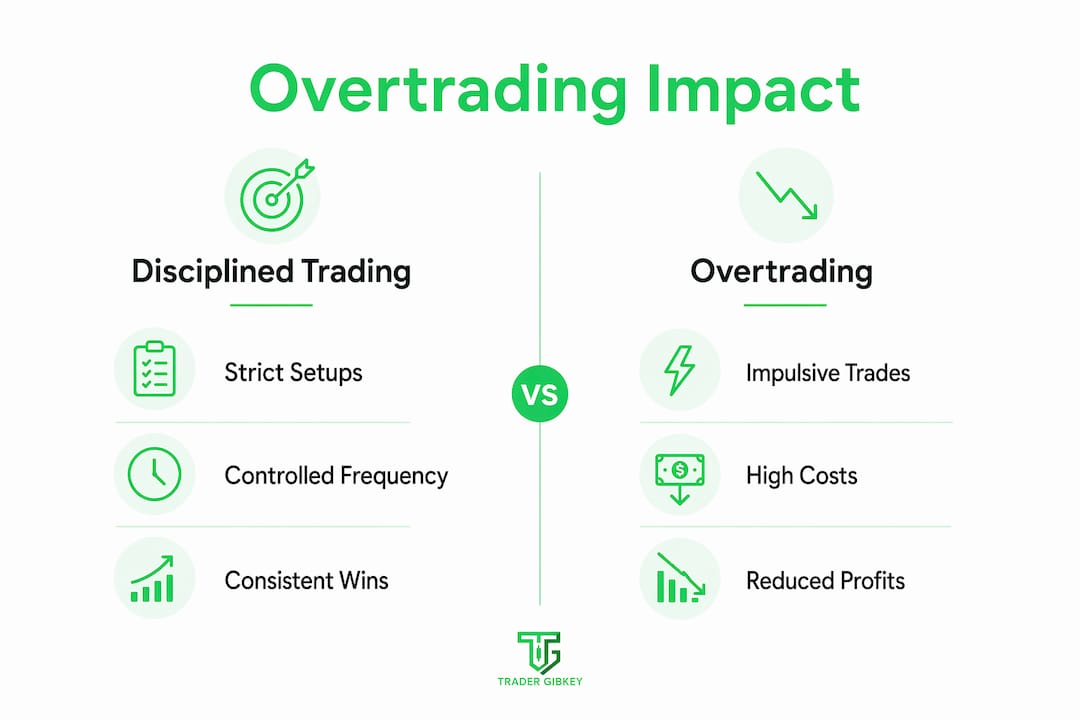 Infographic comparing disciplined trading vs overtrading effects