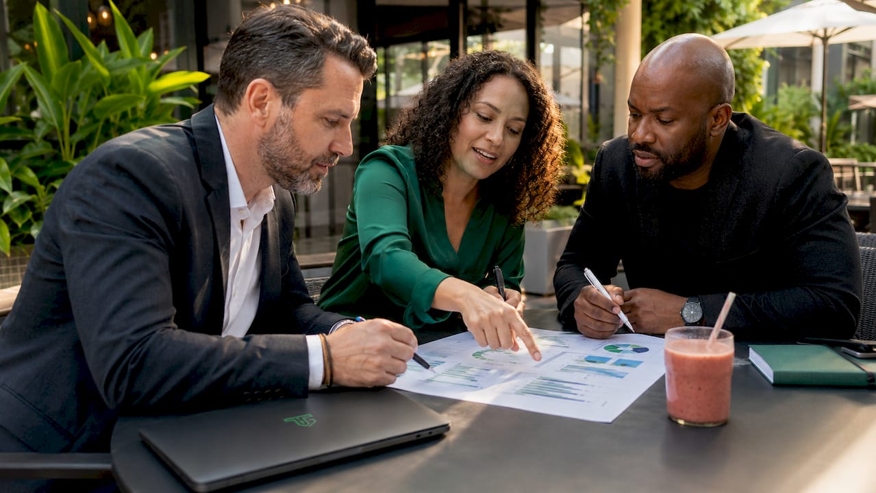 Group traders discussing market setups in café