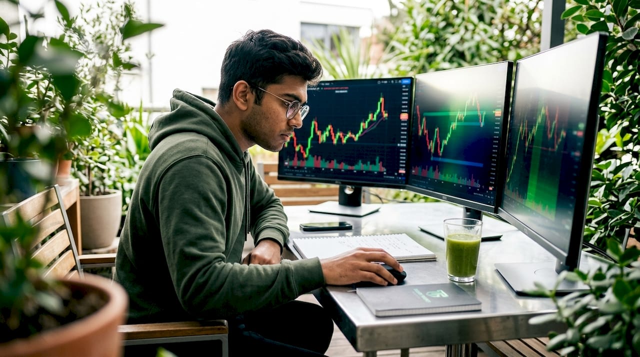 Trader reviewing bid ask prices on screens