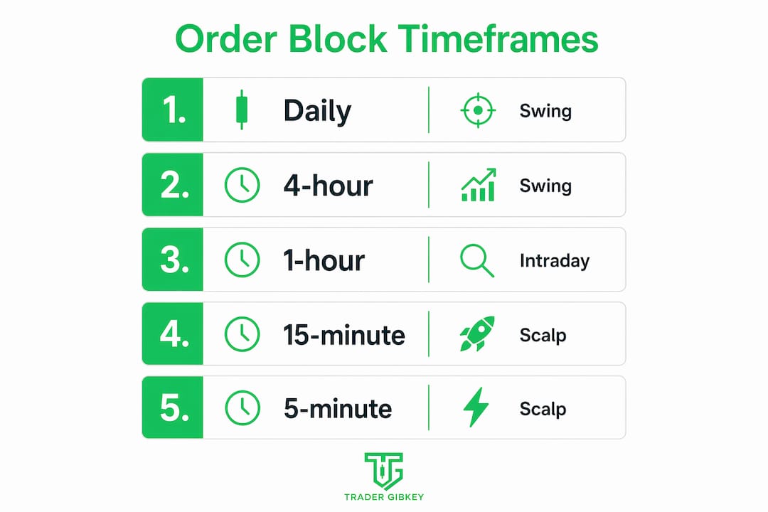 Infografika az order block időkeretekről és felhasználásukról