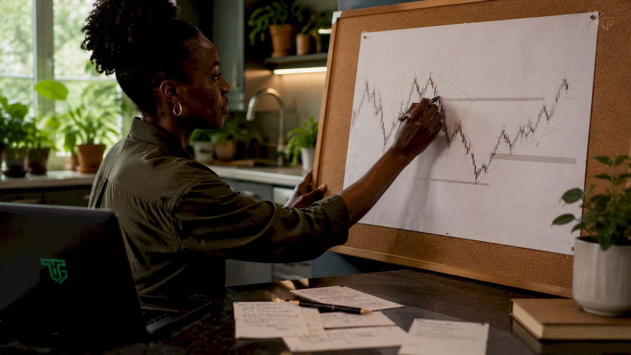 Hands marking swing points on printed trading chart
