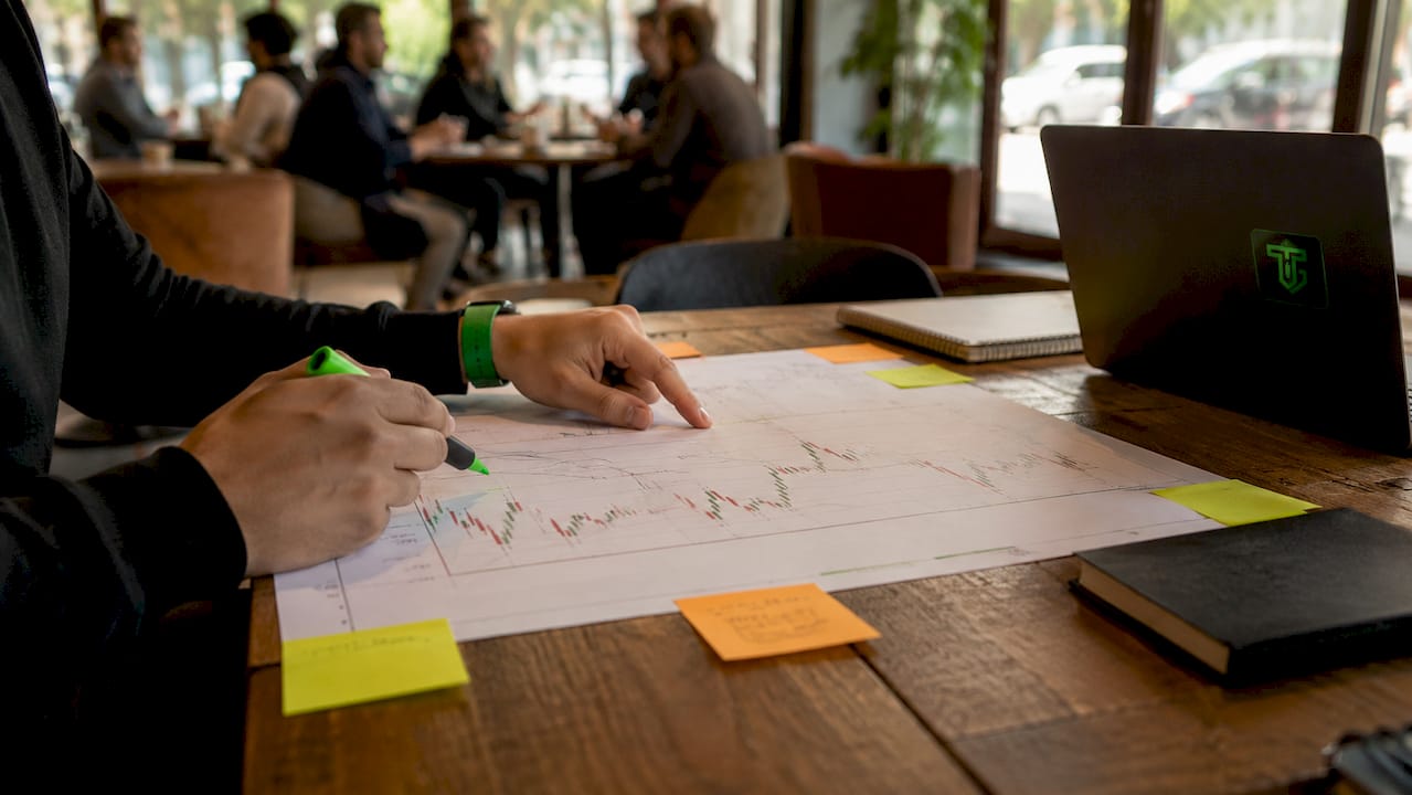 Close-up of hands marking liquidity pools on charts