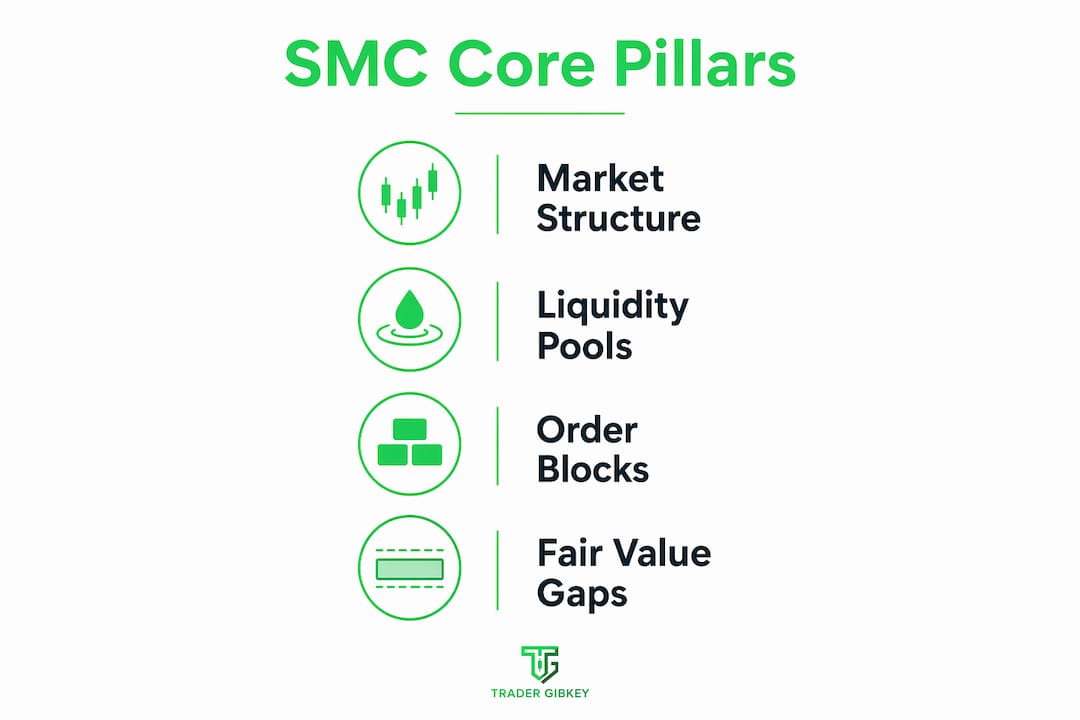 Infographic illustrating the four core pillars of smart money concepts