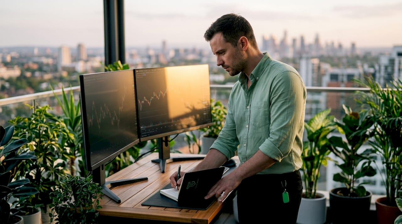 Trader analyzing charts on multiple screens