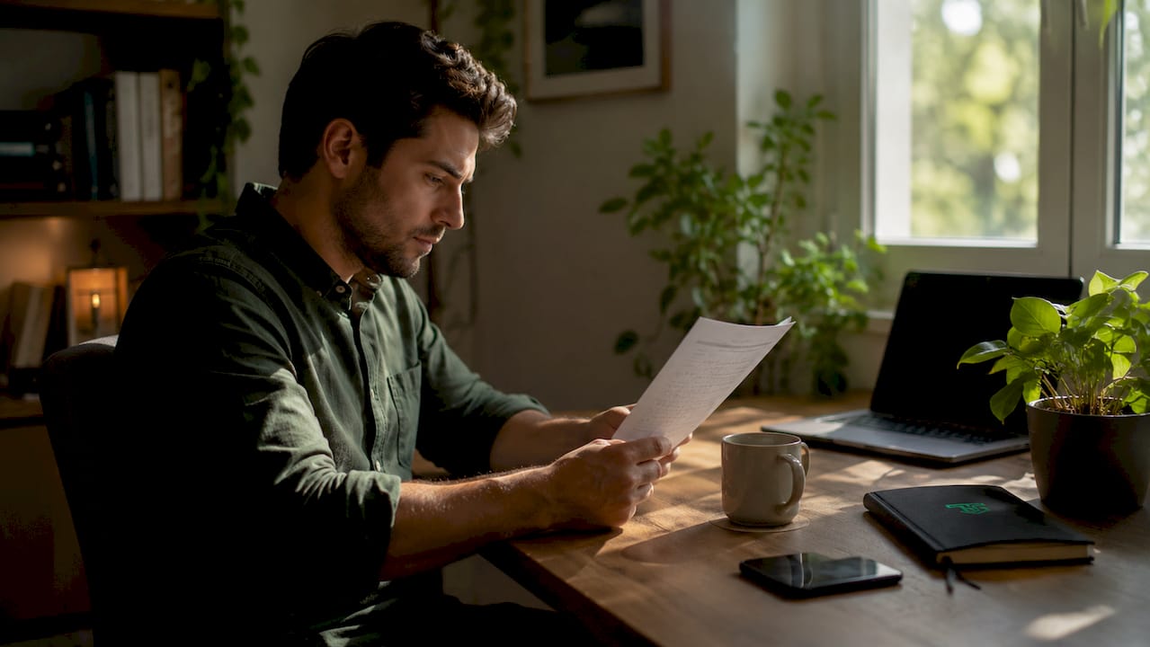 Thoughtful trader reading pre-trade checklist at desk