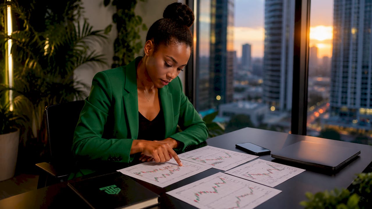 Woman analyzing charts for fade trading strategy
