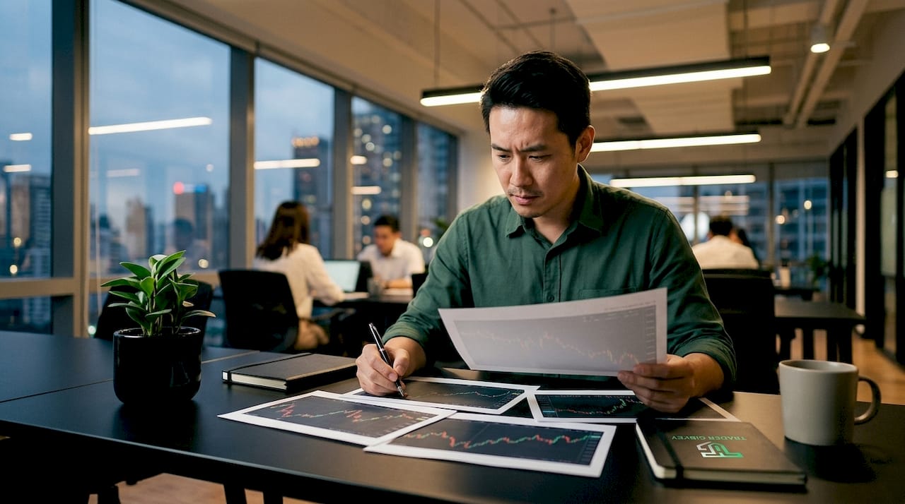 Trader reviewing printed stock charts at home