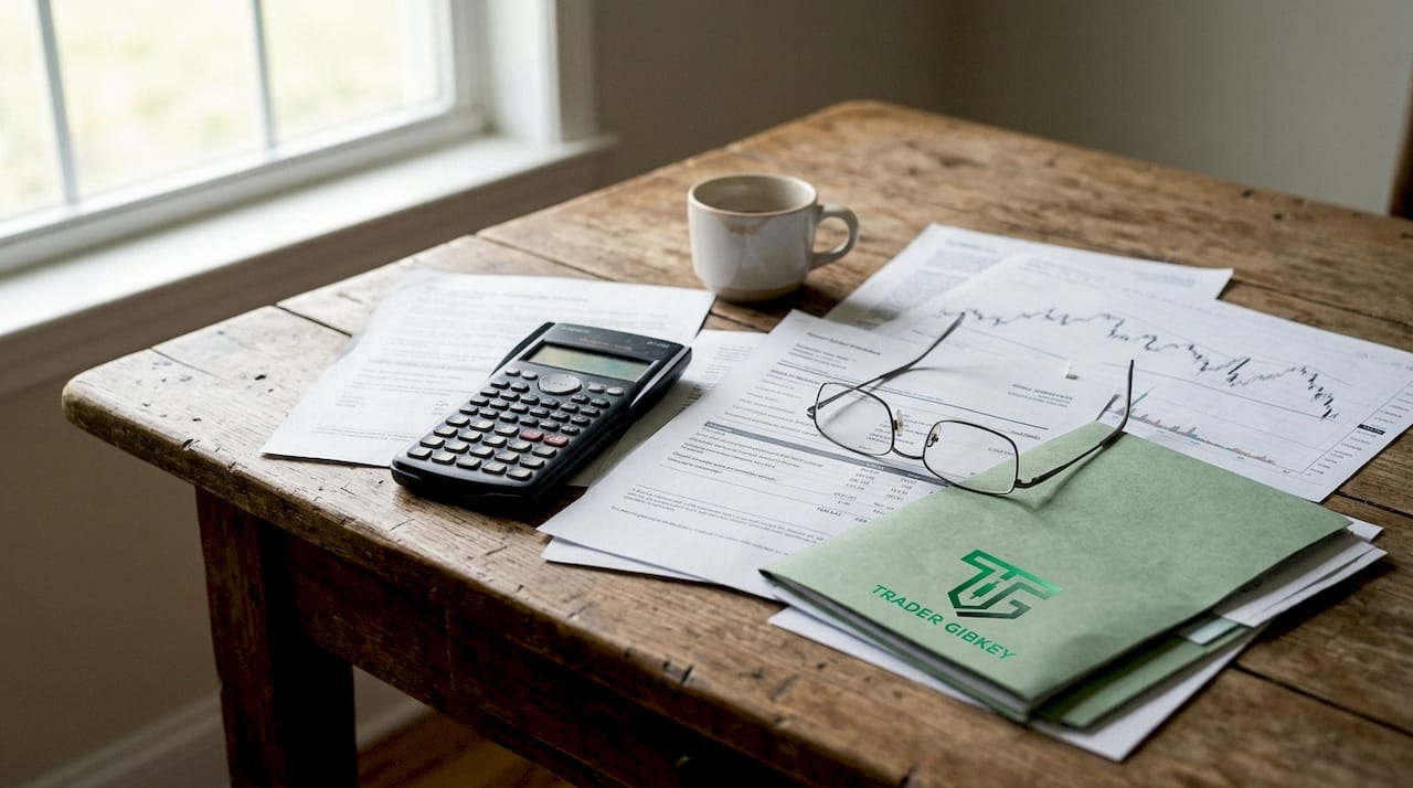 Close-up of calculator and trading charts