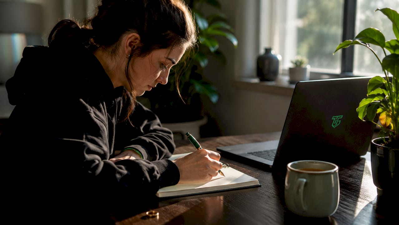 Trader writing disciplined trade rules in notebook