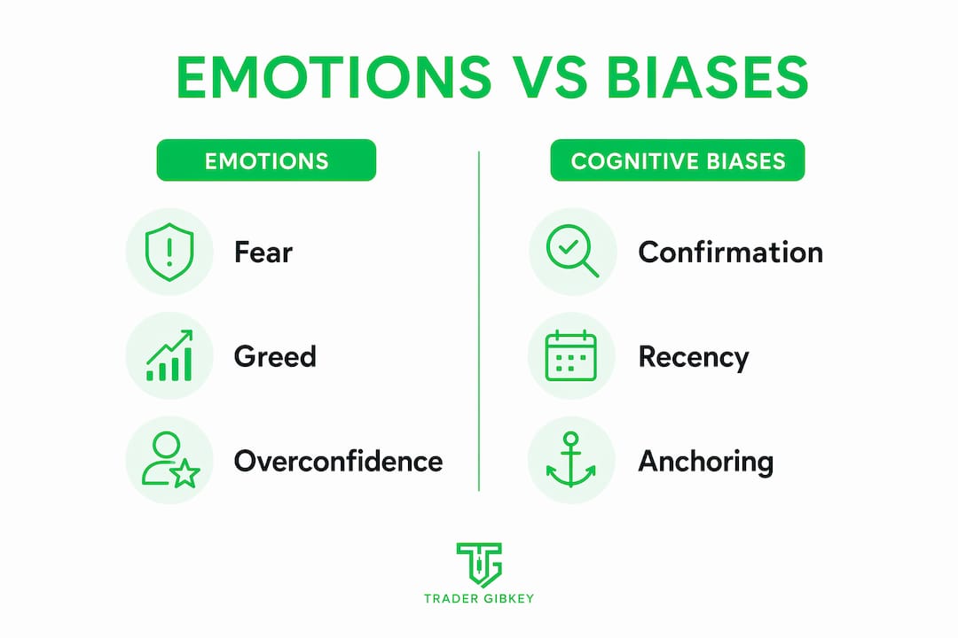 Infographic depicting trading psychology emotions and biases