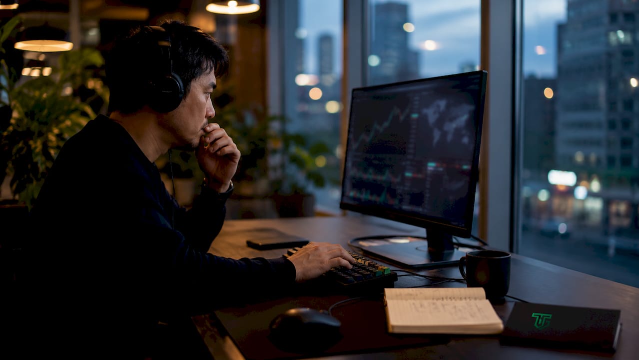 Trader at home desk monitoring forex sessions