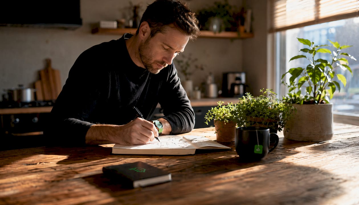 Trader reviewing journal notes at home desk
