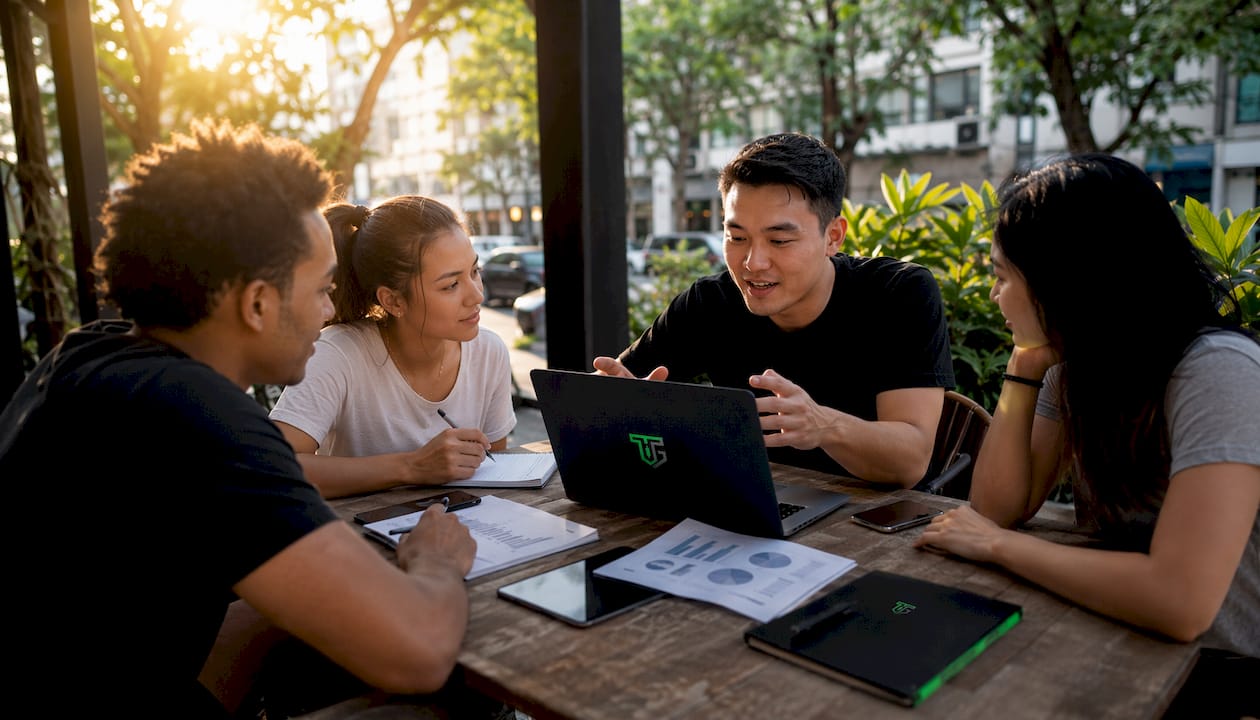 Group of traders sharing knowledge around table