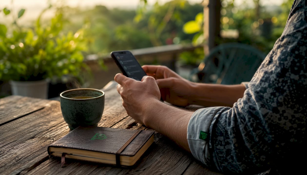 Hands typing on phone in community trading chat