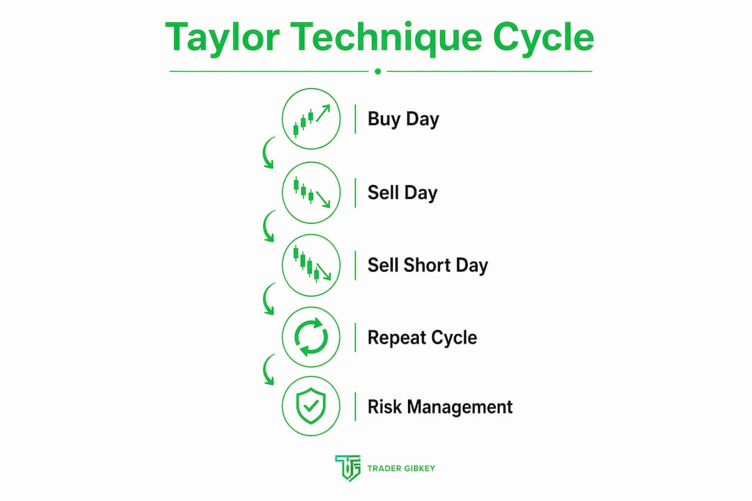 Infografika a Taylor Trading Technique ciklusát illusztrálva