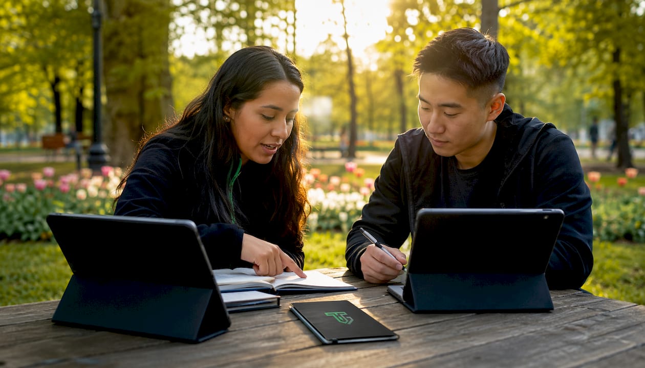 Two traders reviewing journals at café