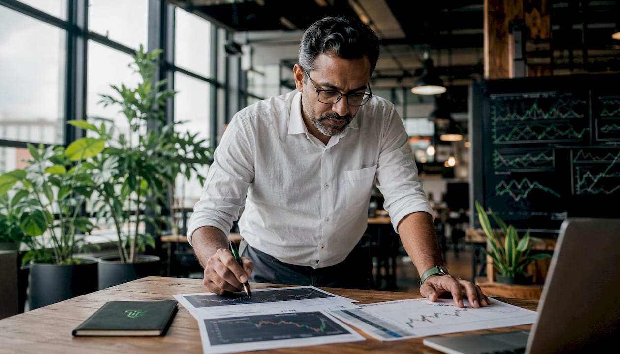 Forex mentor kereskedési grafikonokat elemez az asztalnál