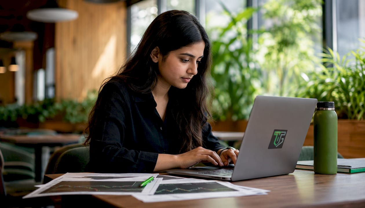 Kereskedő egy forex közösség hitelességét ellenőrzi laptopon
