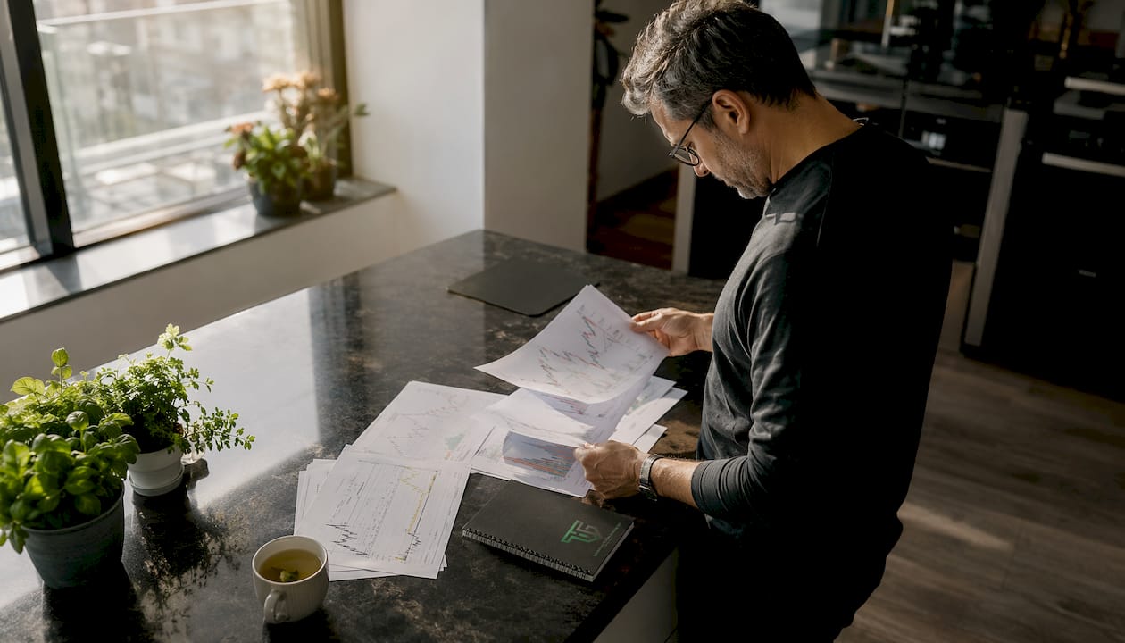 Trader in home office preparing live trade session