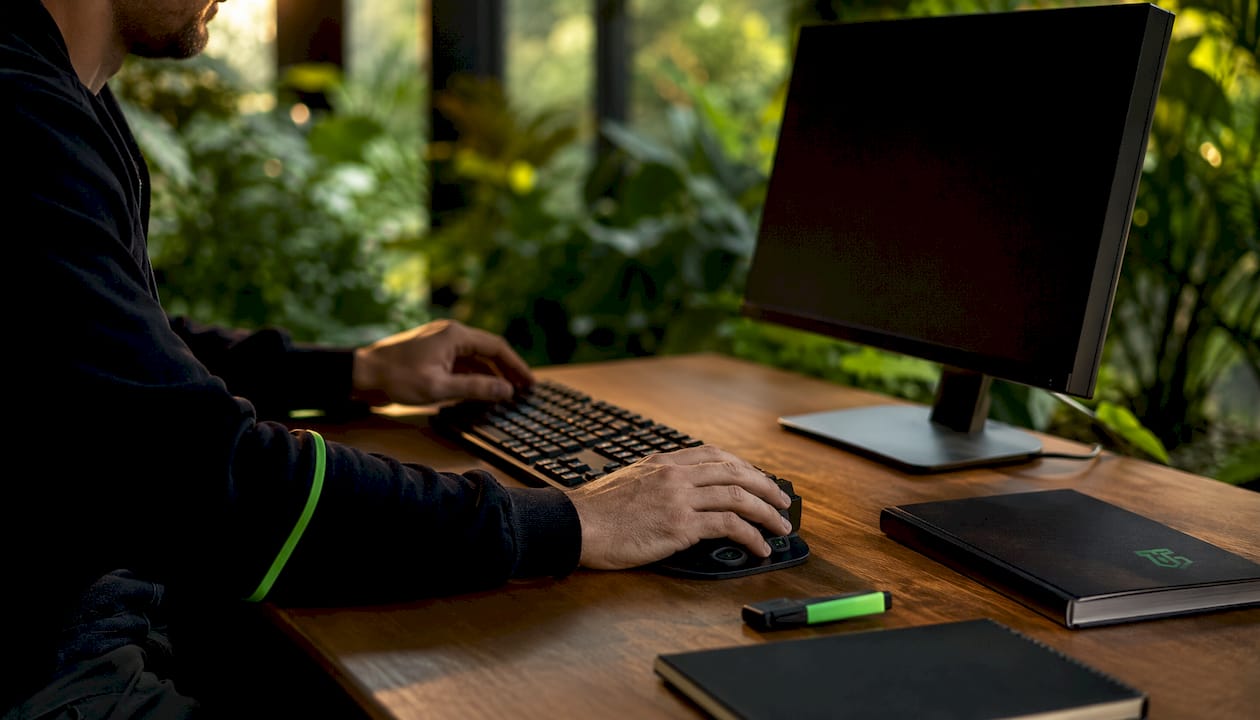 Hands adjusting trade order at workstation