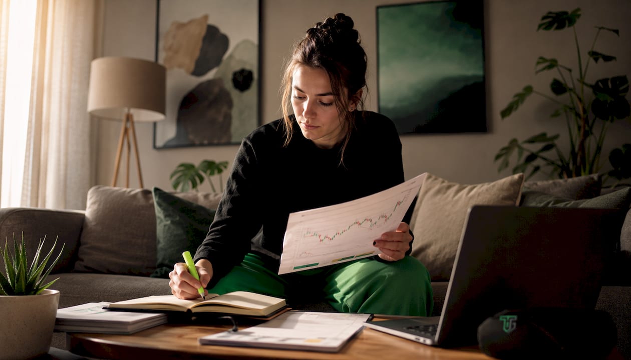 Forex student comparing course options at home desk