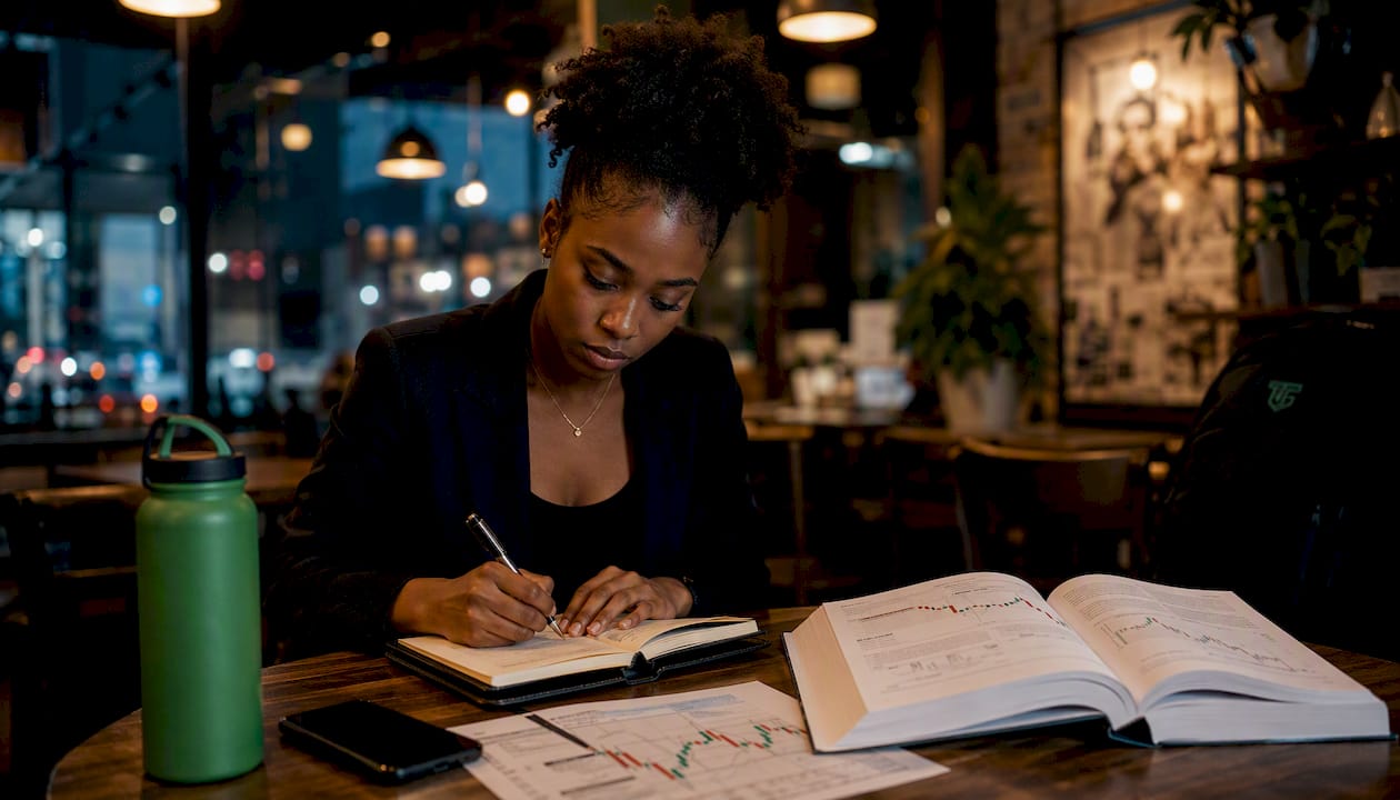 Analyst journaling forex strategy notes at co-working space