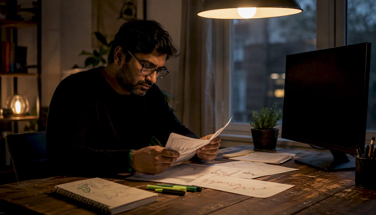 Forex trader reviewing trade reports in home office