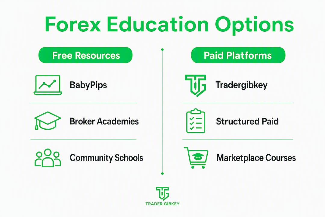 Infografika az ingyenes és fizetős forex oktatási platformok összehasonlításáról
