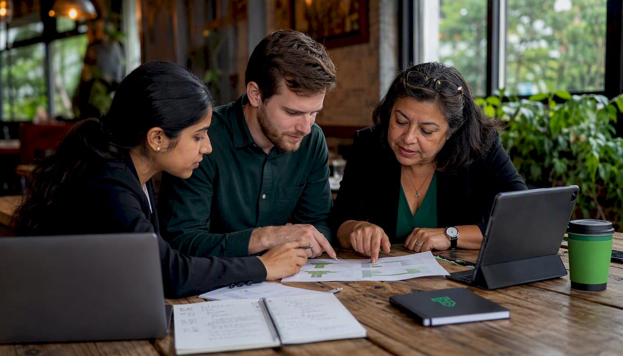 Group reviewing trade setup on printed charts