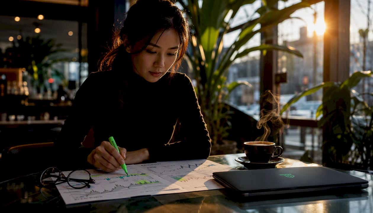 Woman studying institutional trading charts at desk