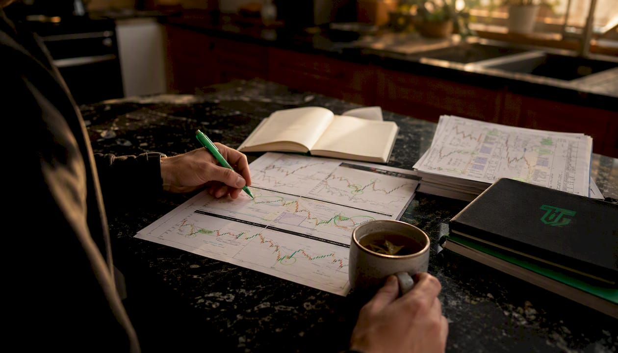 Trader marking confluence signals on journal in cafe