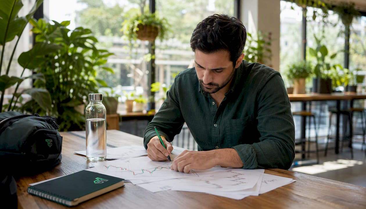 Trader analyzing printed forex charts at home desk