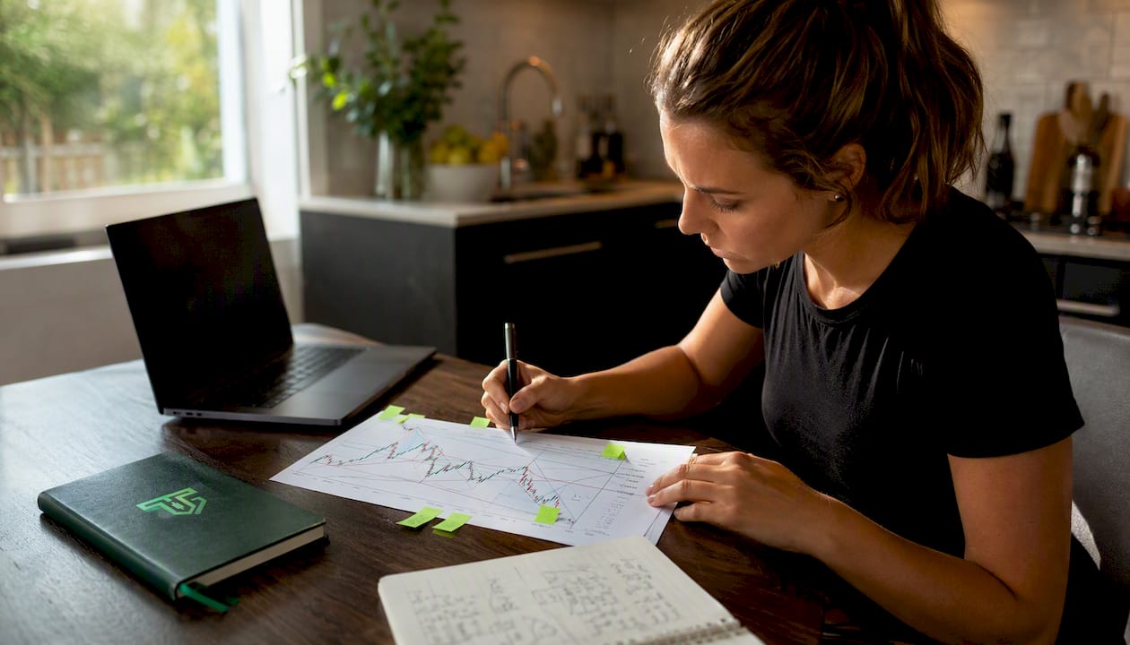 Female trader reviewing EUR/USD printed chart at office