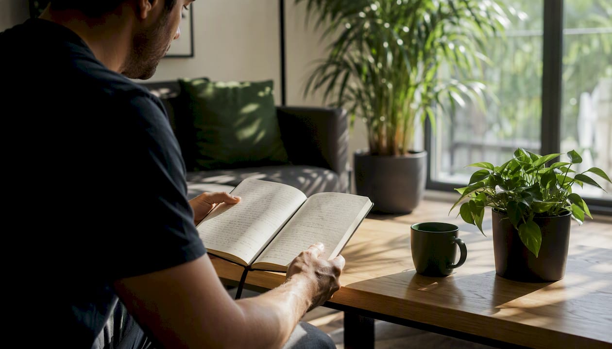 Trader reviewing journal in calm room