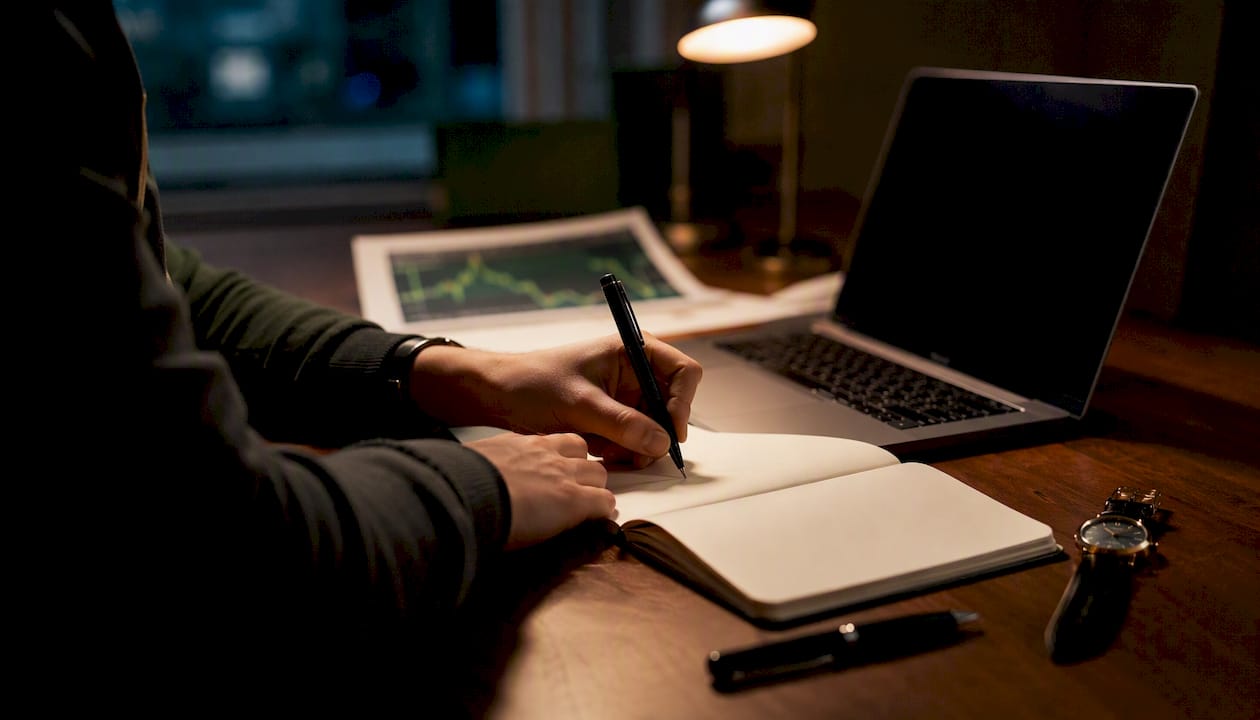 Trader writing in journal at desk
