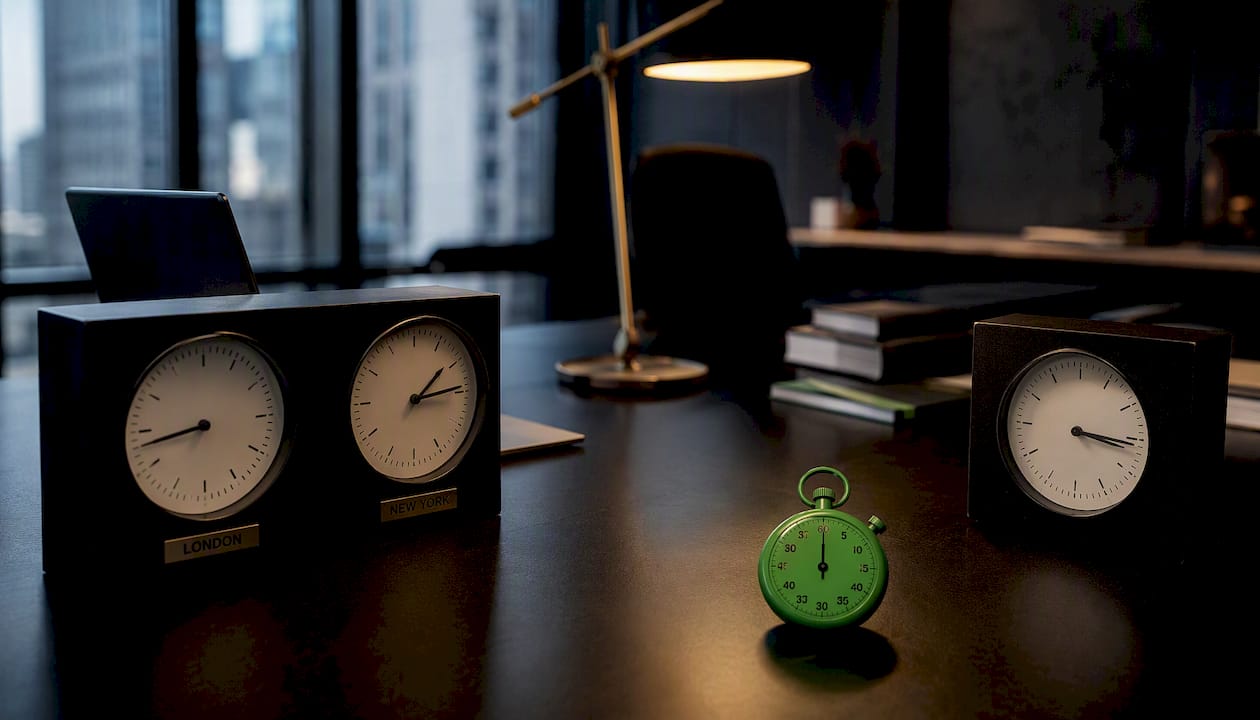 Clocks showing global trading sessions with stopwatch