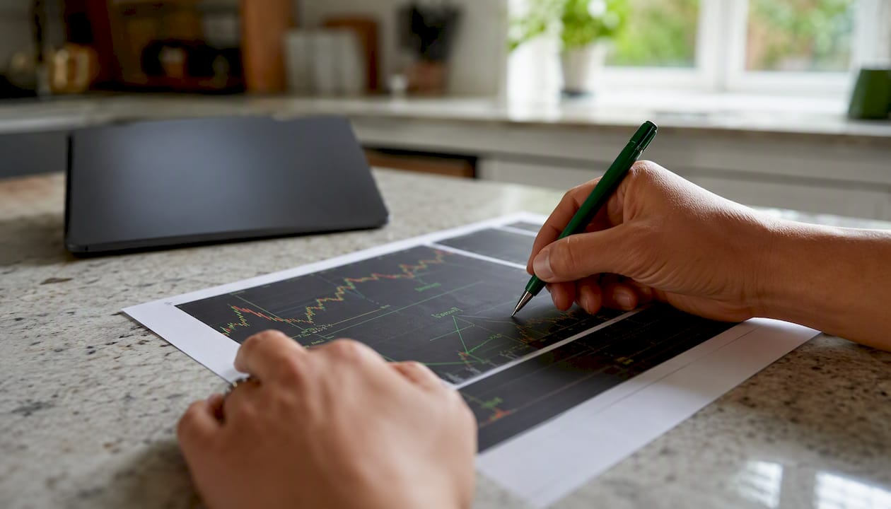 Hands annotating forex charts